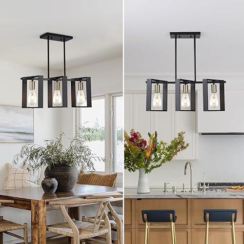 Miniatura 2 de 9MMML Iluminación de isla de cocina de 3 luces, moderna lámpara colgante lineal rectangular, marco negro + candelabro dorado para comedor y sala de