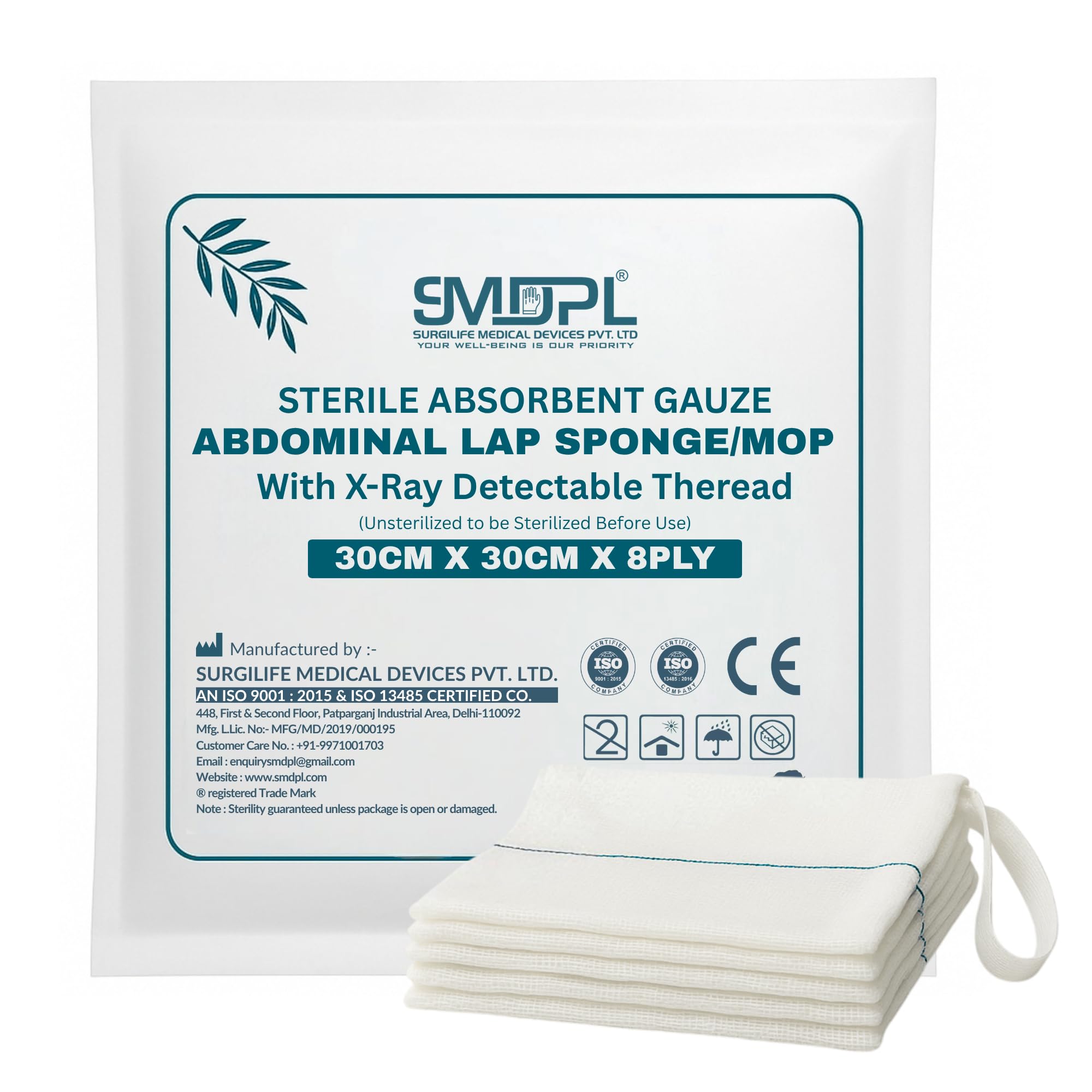 SMDPL Sterile Abdominal Gauze Sponge 30cm x 30cm, 8-Ply (Type 17) – Pack of 5 | Surgical Mop with X-Ray Detectable Thread | High Absorbency for Medical & OT Use-image-43