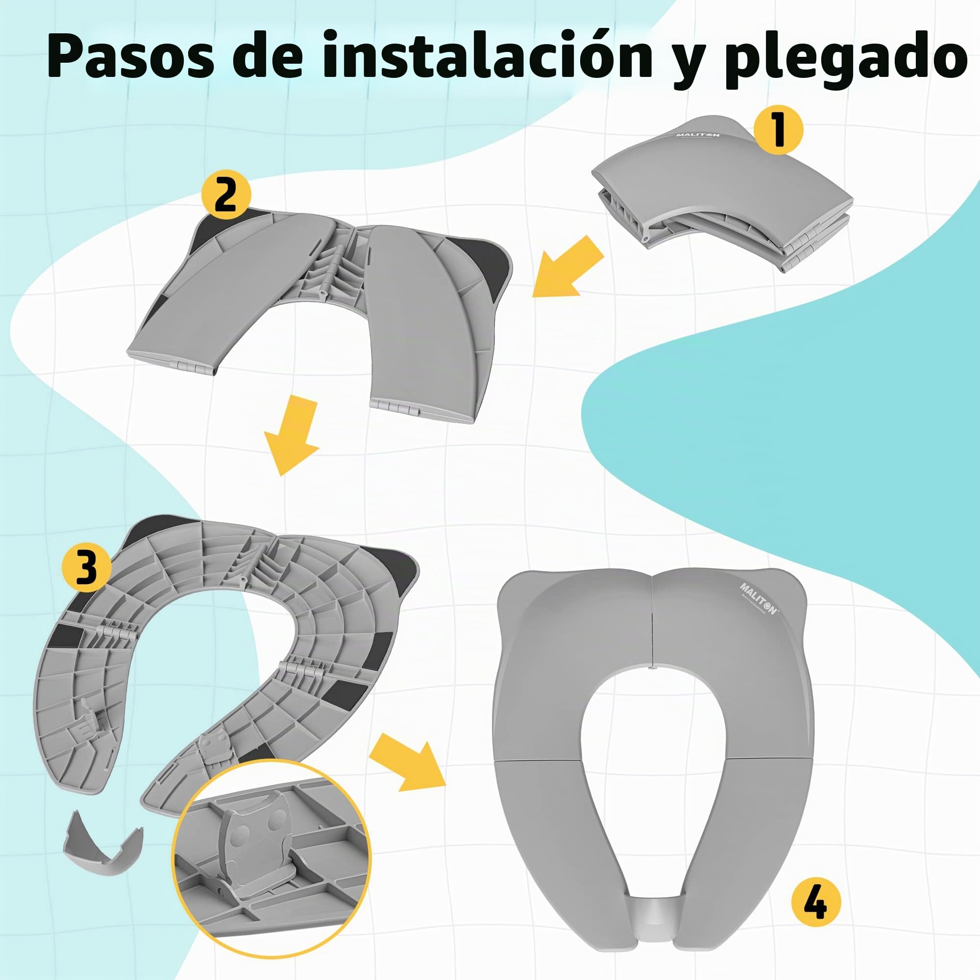 Maliton Asiento Inodoro Plegable para Niños,Adaptador WC,Antideslizante Antisalpicadura Reductor WC para Viaje Reutilizable,Reductor de Inodoro para Viajes y Entrenamiento de Baño-Gris