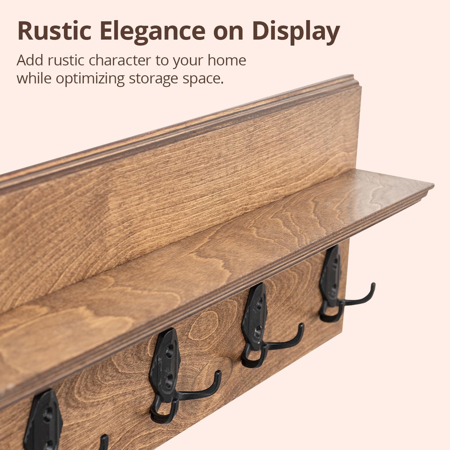 Rustic Wall Mounted Coat Rack with Shelf Wooden Entryway Organizer with 5 Metal Hooks for Coats Hats Towels Keys Floating Storage Shelf for Bathroom Bedroom (Walnut, 45 inch 8 Hooks)