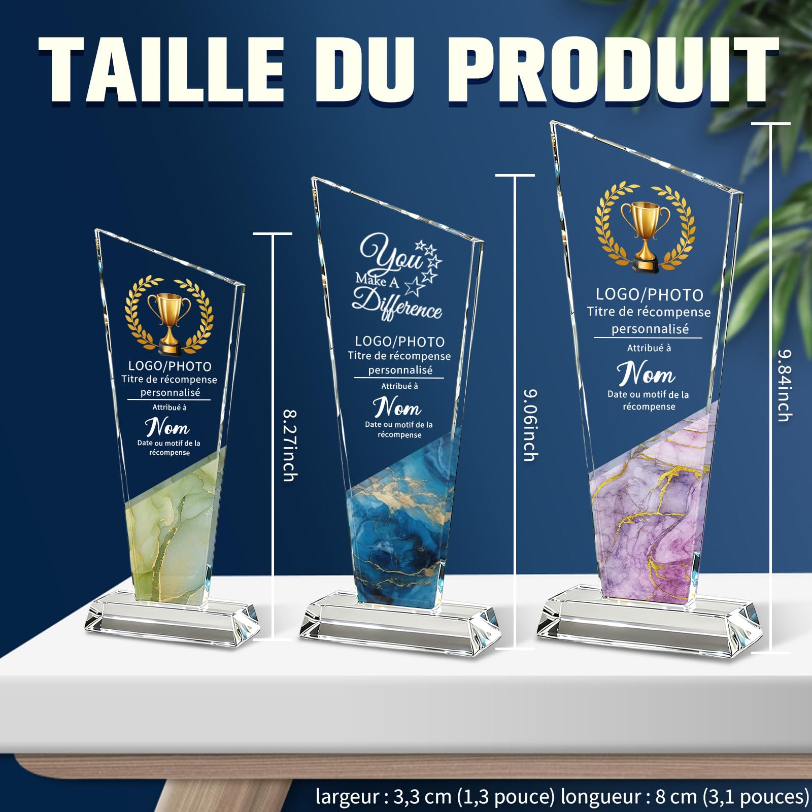 WBW Trophée Personnalisé en Cristal K9 avec Logo Photo et Texte Plaque Gravée Personnalisée 10–20 cm, Récompense en Cristal pour Employé du Mois Anniversaire Retraite Football