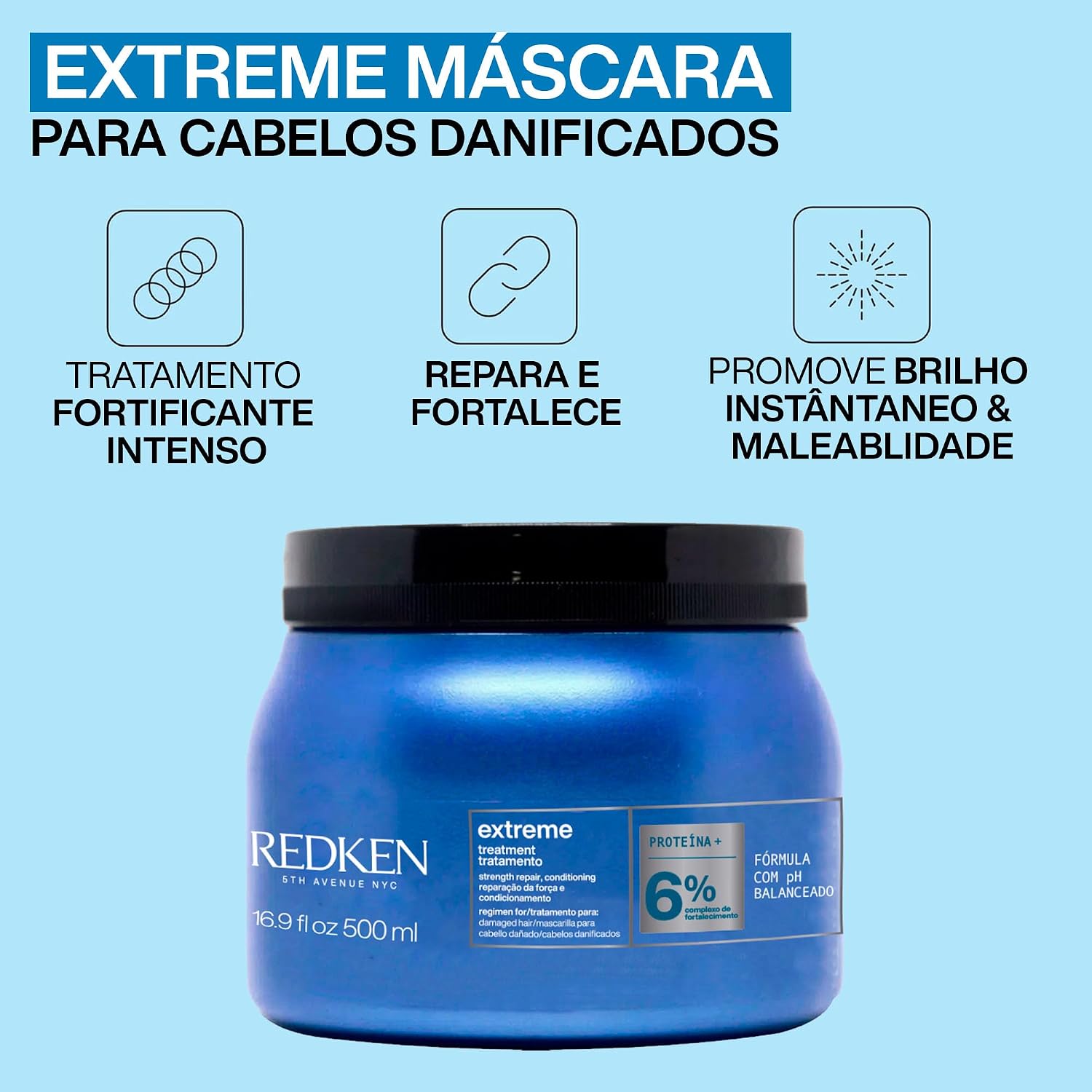 Redken Extreme, Máscara de Tratamento para Cabelos Danificados e Quebradiços, Repara e Fortalece os Fios, Promove Brilho e Maciez Intensa com Strength Complex, 500ml