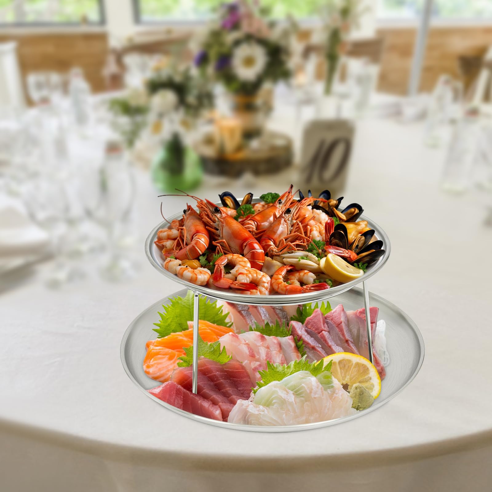 Juego de platos de mariscos, plato de 2 pisos, bandeja para servir mariscos, bandeja de alimentos con soporte