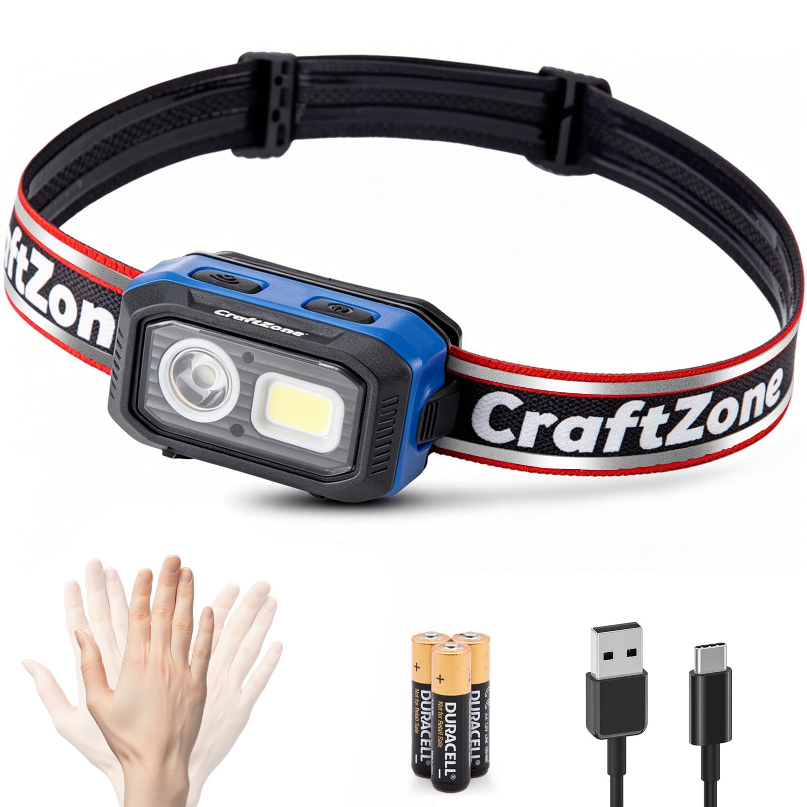 Rechargeable LED Headlamp w/Reflective Headband, 500LM USB-C Waterproof, Motion &amp; Dimming, 4 Modes &amp; Memory, Li-ion/AAA Dual Power, Magnetic 60° Mount for Camp Hike Work