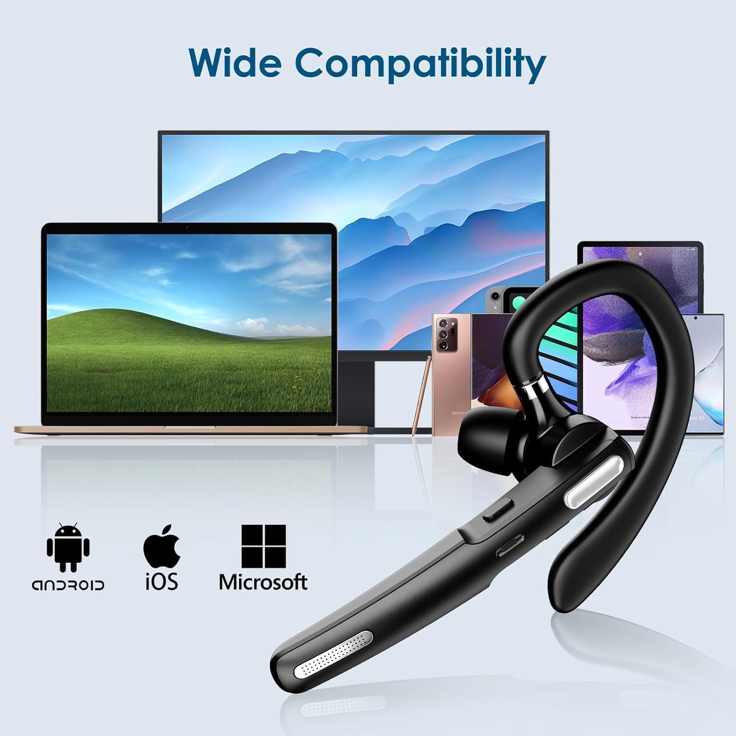 Bluetooth Headset, Wireless Bluetooth Earpiece V5.3 Hands-Free Earphones with Built-in Mic, Bluetooth Earpiece for Cell Phone/PC Tablet/Laptop Computer, Headphones for Trucker/Driver/Business