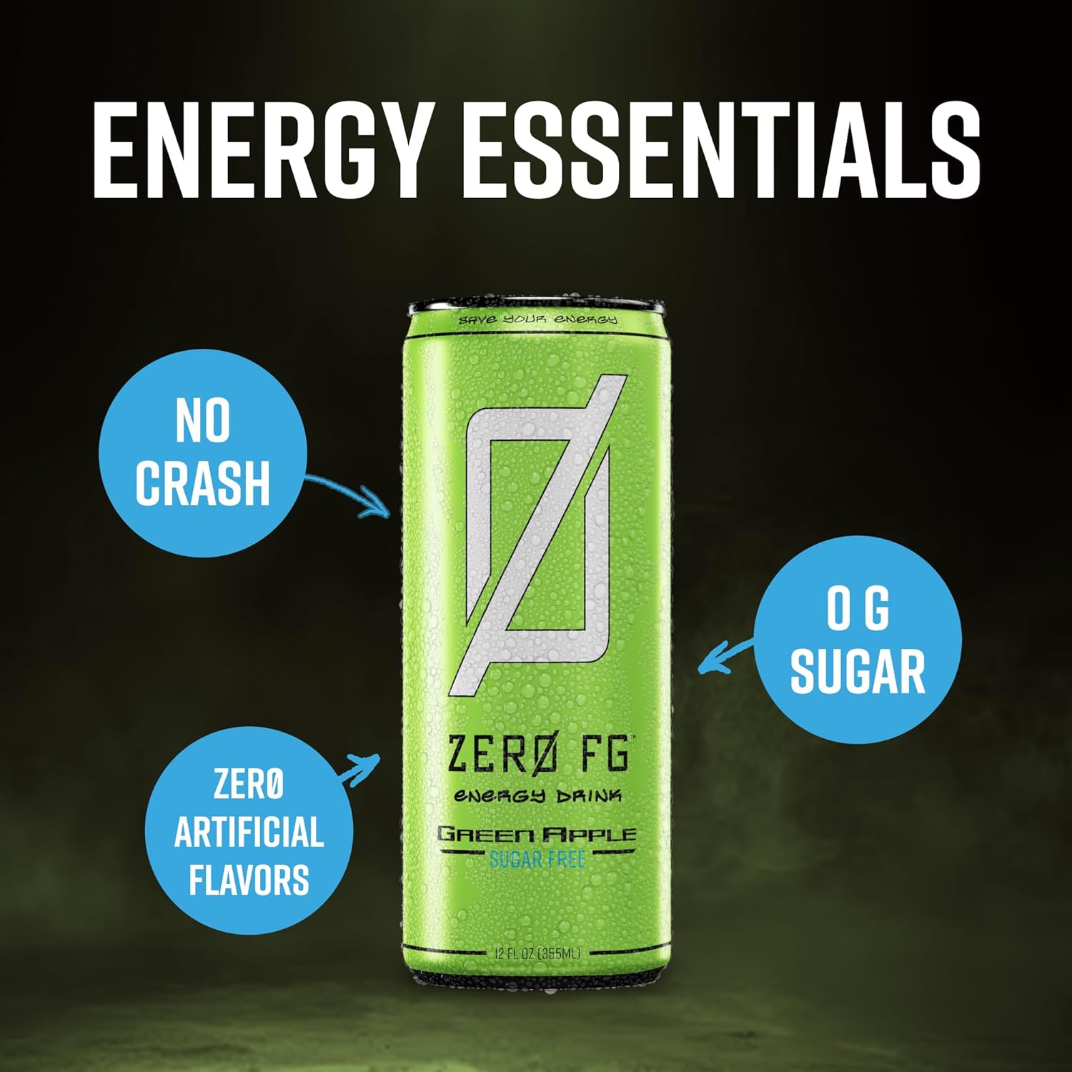 ZERO FG Sugar Free Energy Drink, Green Apple, 140mg Natural Caffeine, Taurine, B-Vitamins, L-Carnitine, No Sugar, No Artificial Colors or Flavors, 12 fl oz (12 Pack)