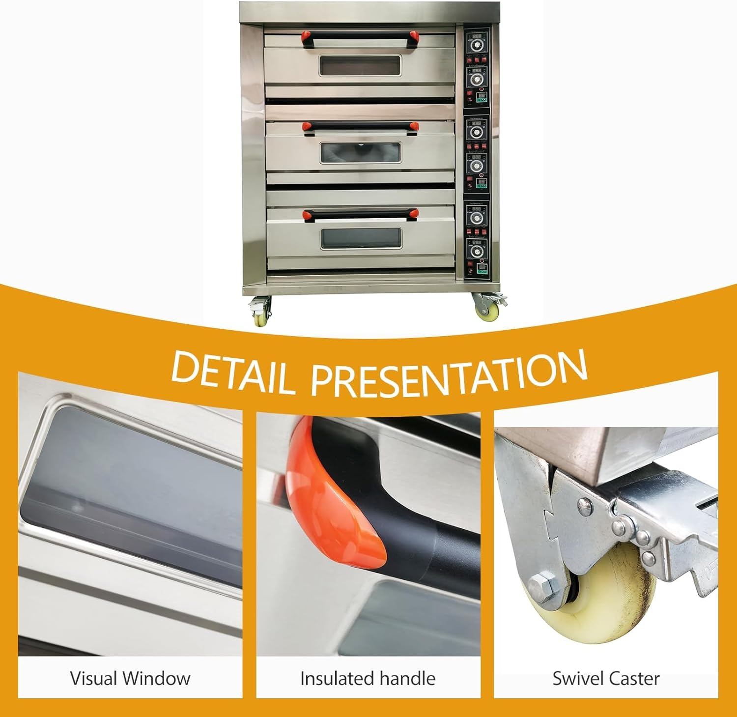 Commercial Pizza Oven Triple Deck Six Pan with Casters 3-Phase 19.8KW Stainless Steel Movable Pizza Oven for Pizzerias, Restaurants, Bakeries 220V
