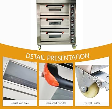 Commercial Pizza Oven Triple Deck Six Pan with Casters 3-Phase 19.8KW Stainless Steel Movable Pizza Oven for Pizzerias, Restaurants, Bakeries 220V