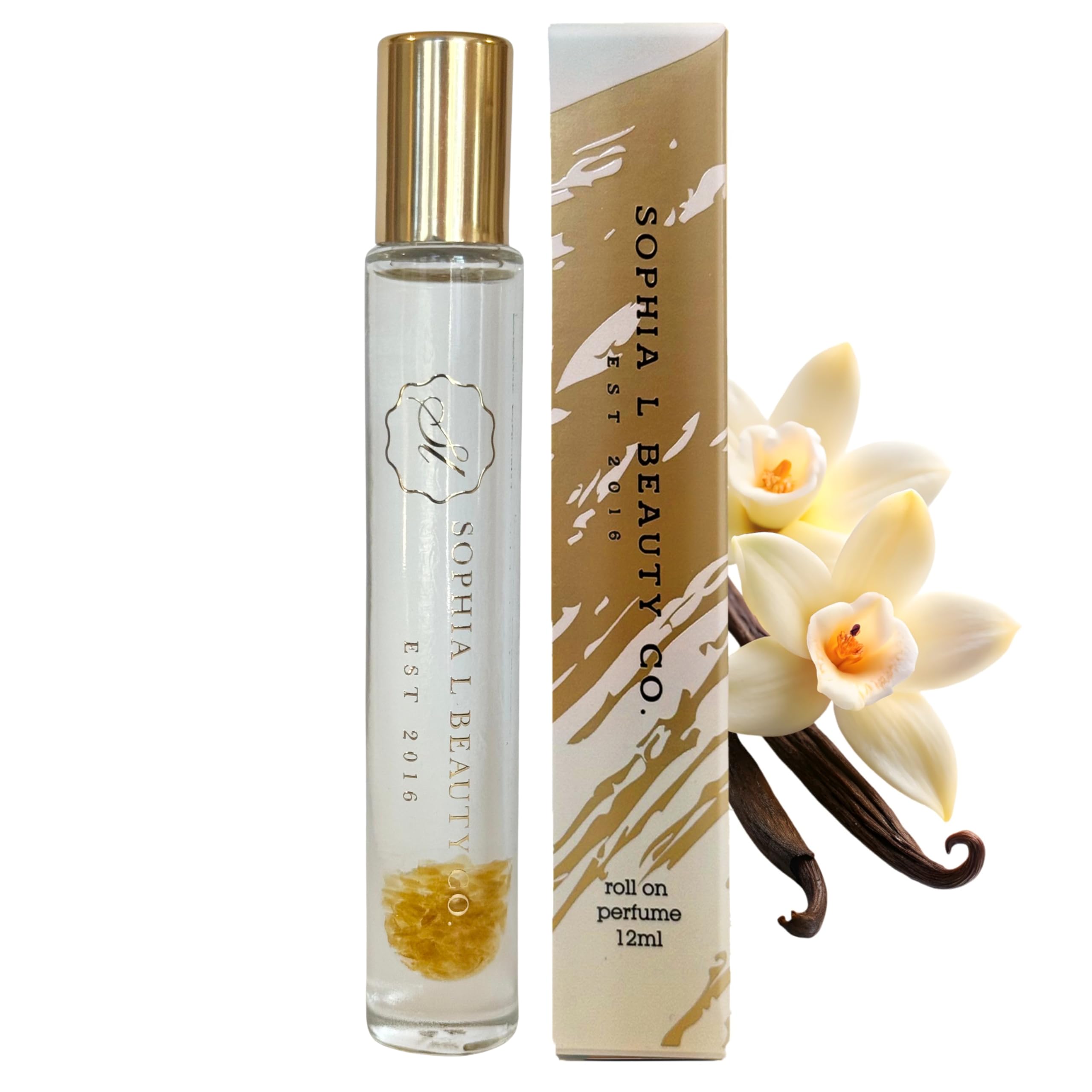 Sophia L Beauty Co. Vanilla Eclipse Pheromone Perfume roll-on bottle.
