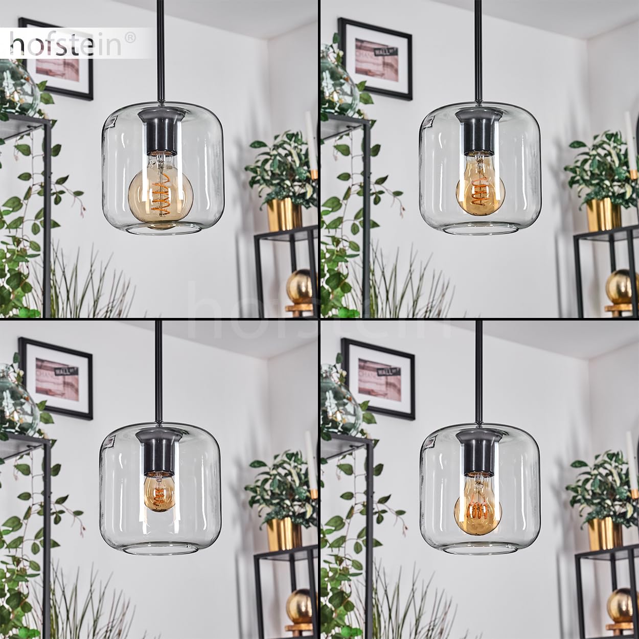 HOFSTEIN Lampadario a sospensione Lauden, 3 luci, in metallo/vetro, nero/trasparente, moderna lampada a sospensione in design retrò/vintage, diametro paralumi 20 cm, E27, sala da pranzo, cucina