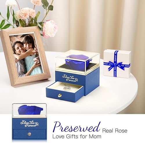 Miniatura 6 de Collar de rosa real azul preservada con texto en inglés I Love You Mom en 100 idiomas flores eternas encantadas regalos para mamá de hija e hijo día