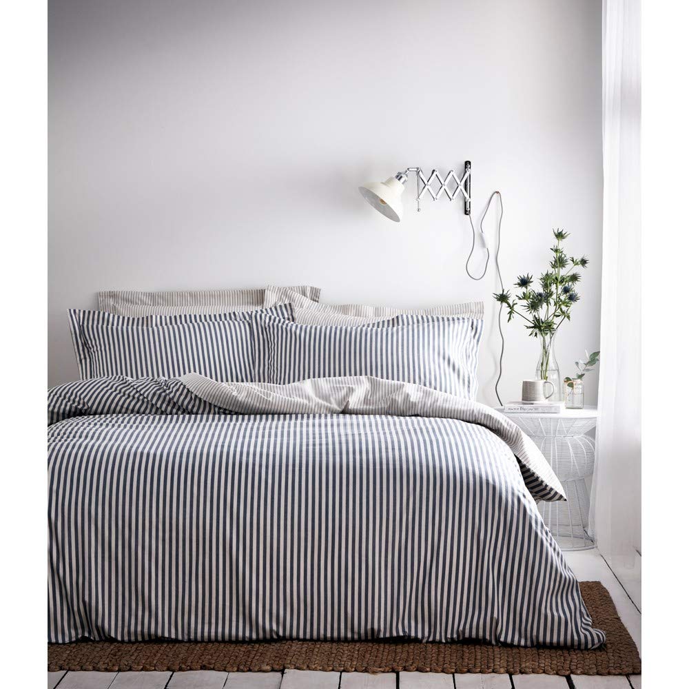furn. Yard Hebden Mélange Stripe Cotton Duvet Set – Ultra Soft Reversible Striped Bedding (Navy – Single)