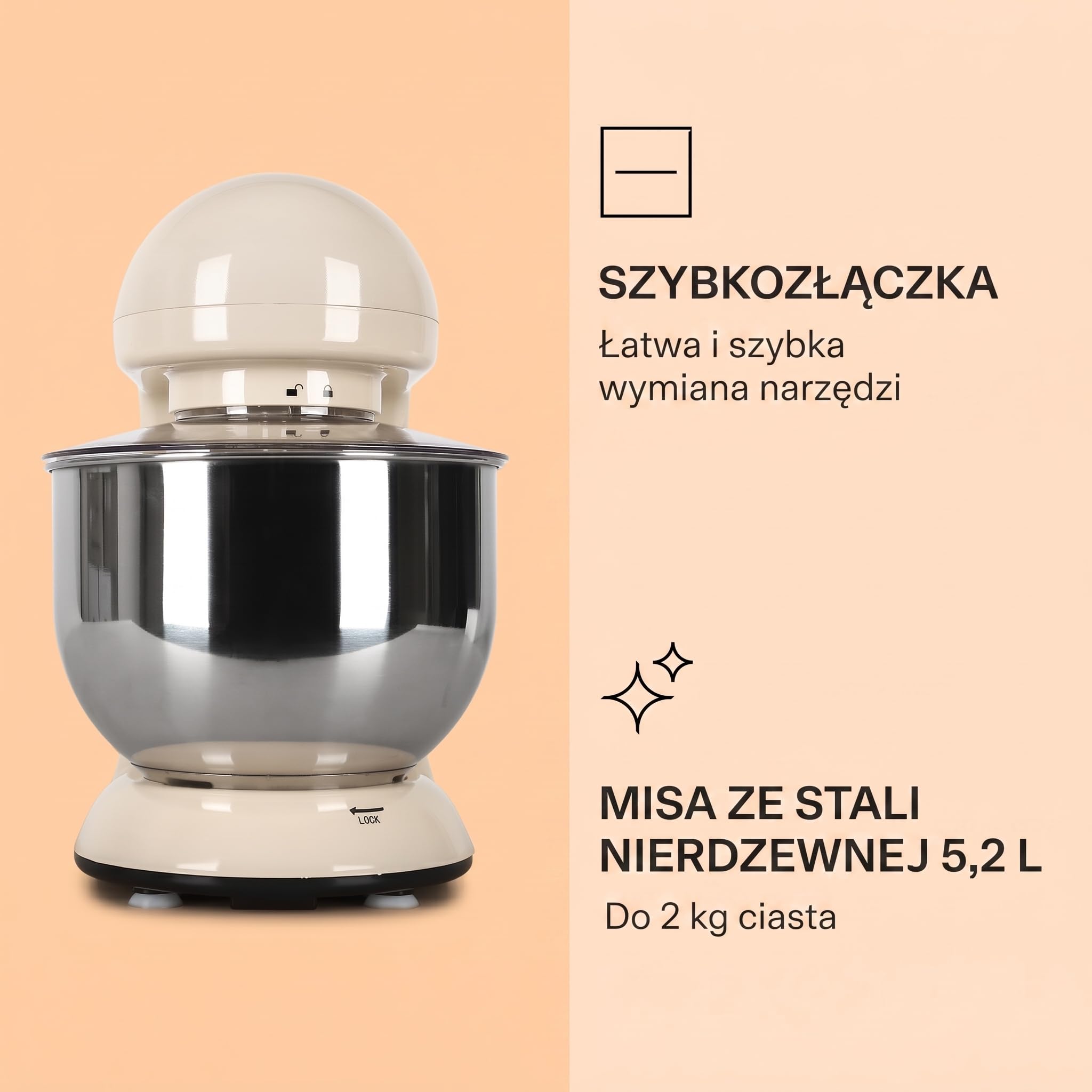 Klarstein Bella Robot de cocina procesador de alimentos (1200 W, 5 L, 1.6 hp) crema