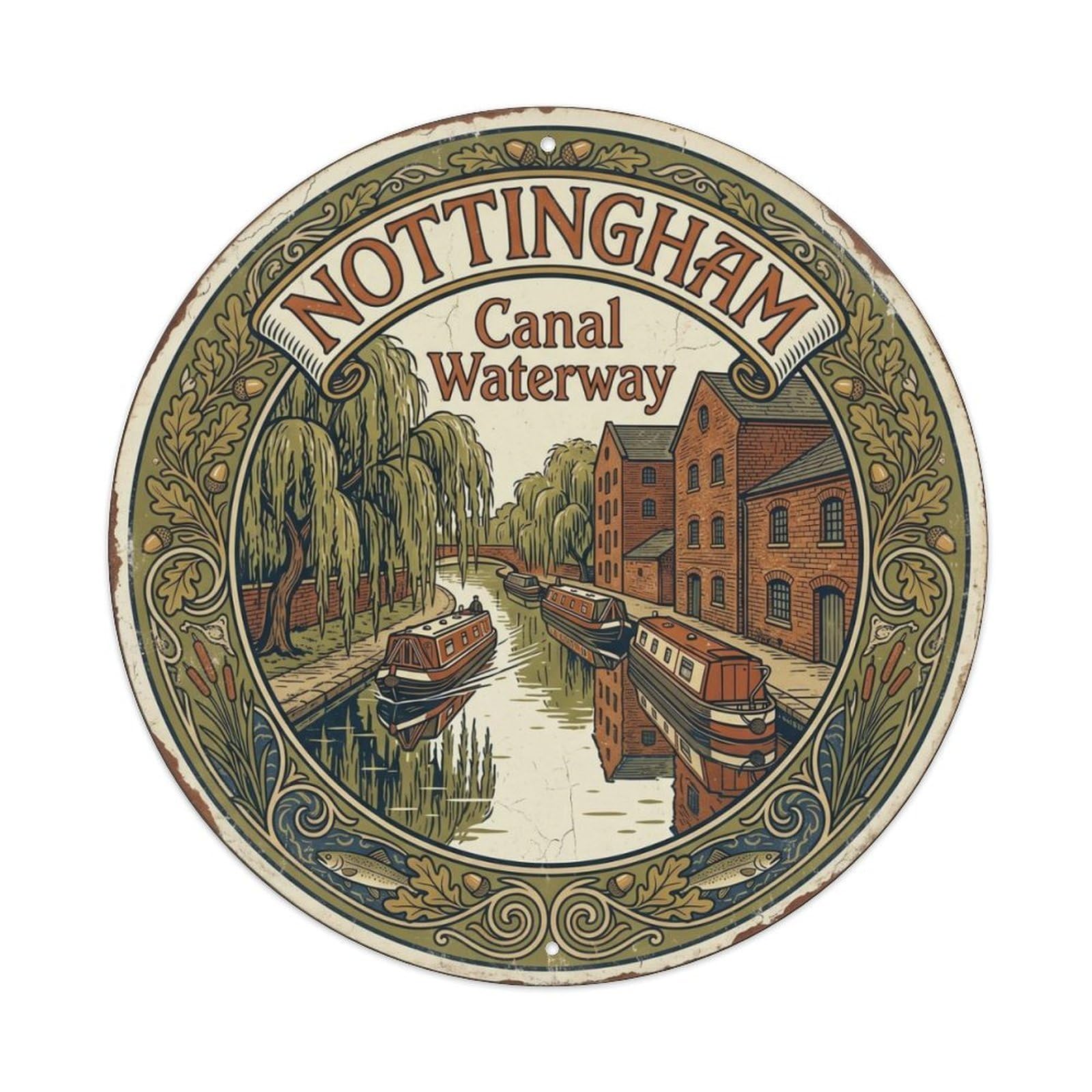 Fqcyn Style Vintage Travel Nottingham Canal Waterway Metal Tin Sign Plaque Wall Decor For Cafe, Club Bar, Office, Home Garden Round Metal Poster 8X8inch