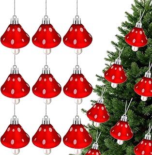 Set of 16 Red and White Mushroom Ornaments for Christmas Tree, 3 inch Large Plastic Shatterproof Mushroom Christmas Tree Ornaments Decorations Xmas Hanging Pendants