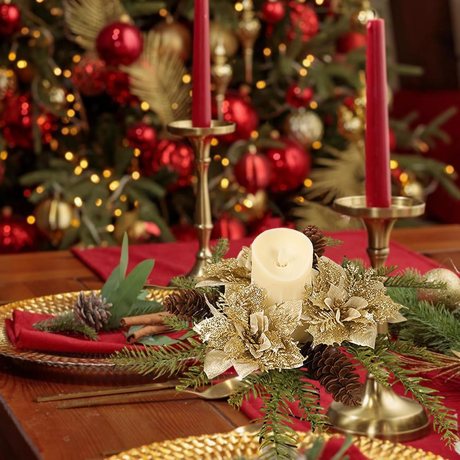 Christmas Candle Ring Wreath Holder Artificial Golden Flower with Pine Candle Ring Garland for Xmas Winter Holiday Dinner Party Table Centerpiece Pillars Decoration Supplies