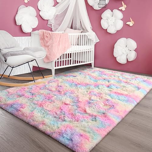 Miniatura 3 de Alfombras de área grandes para sala de estar, 5 x 8 pies, teñido anudado, arco iris, alfombras peludas, ultra suaves, modernas alfombras de interior