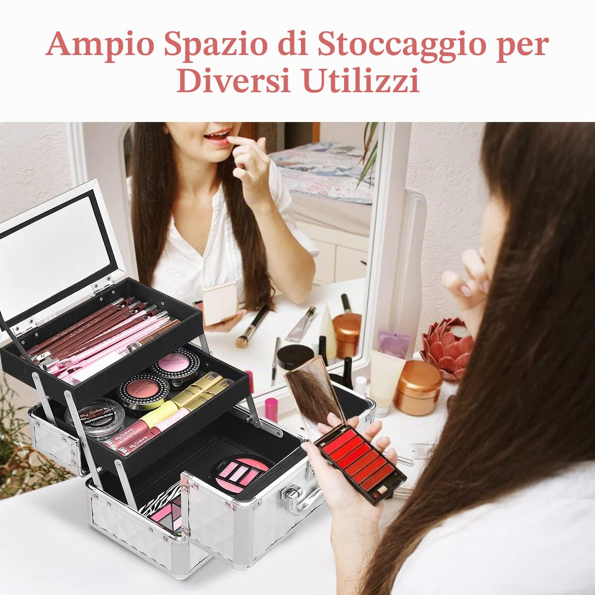 LIFEZEAL Valigetta Rigida Professionale per Trucchi a 3 Livelli, Porta Cosmetici, Trousse, Scatola, Beauty Case, Organizer Makeup, con Specchio, Manico e Chiusura, 23x15x18 cm, Argentato