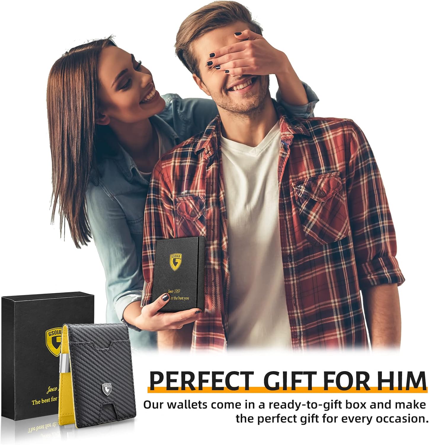 GSOIAX Men's Slim RFID Blocking Leather Wallet with Money Clip Minimalist Carbon Fiber Bifold Credit Card Holder 11 Card Slots Gift Box Included(Carbon Yellow) - Image 7