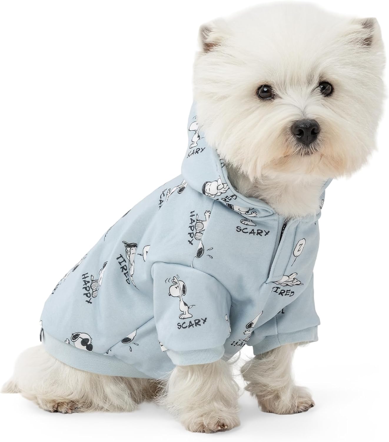 Berkshire Peanuts® Dog Hoodie, Pet Sweater with Leash Hole & Elastic Sleeve, Snug Fit for Puppies, Kittens, and Small Dogs, Small, Snoopy Different Emotion Sheet Scale Murky Blue