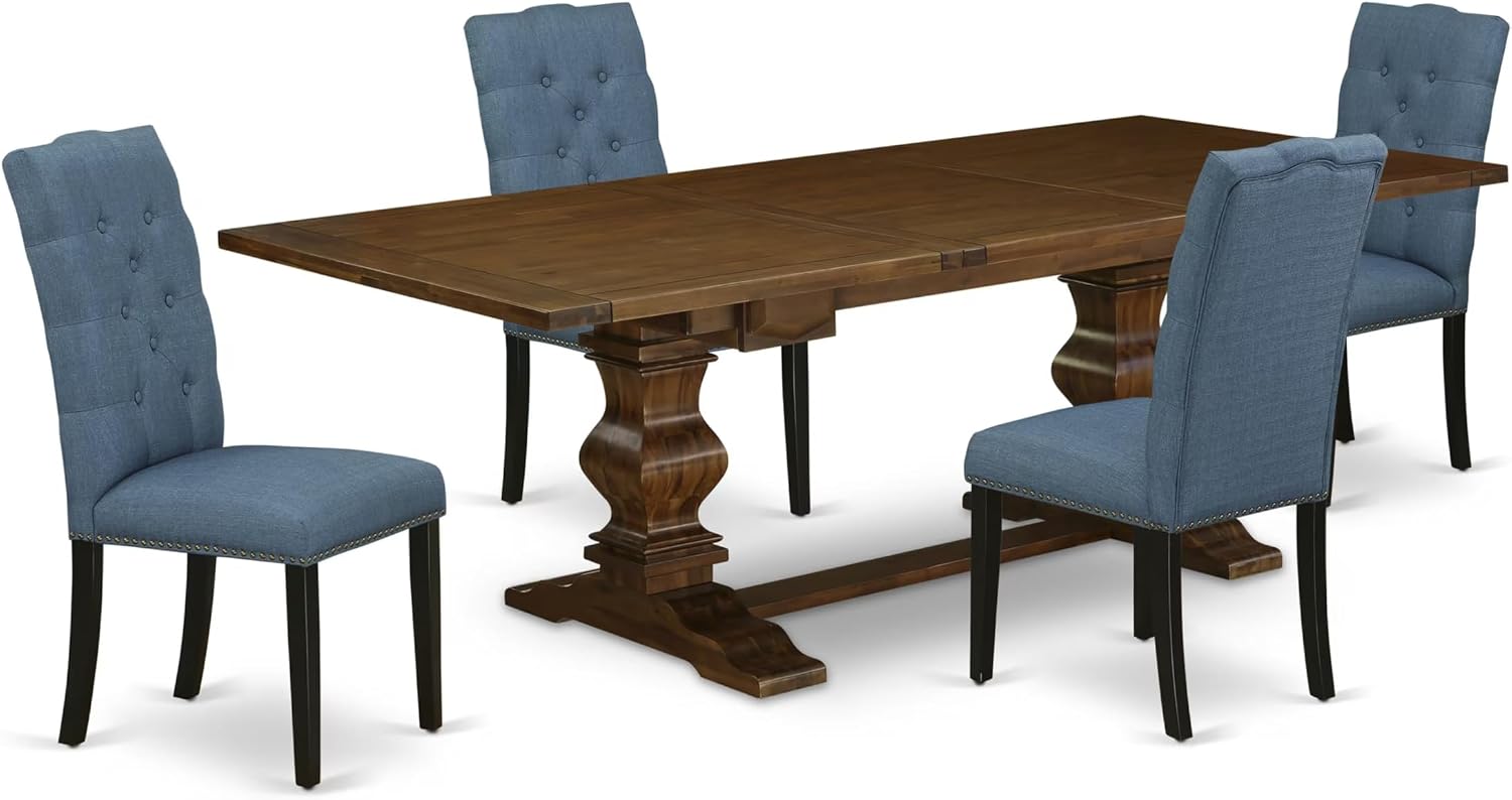 East West Furniture LAEL5-81-21 5 Piece Kitchen Table Set for 4 Includes a Rectangle Removable Leaf Dining Table and 4 Blue Linen Fabric Upholstered Chairs, 42x92 Inch, Walnut