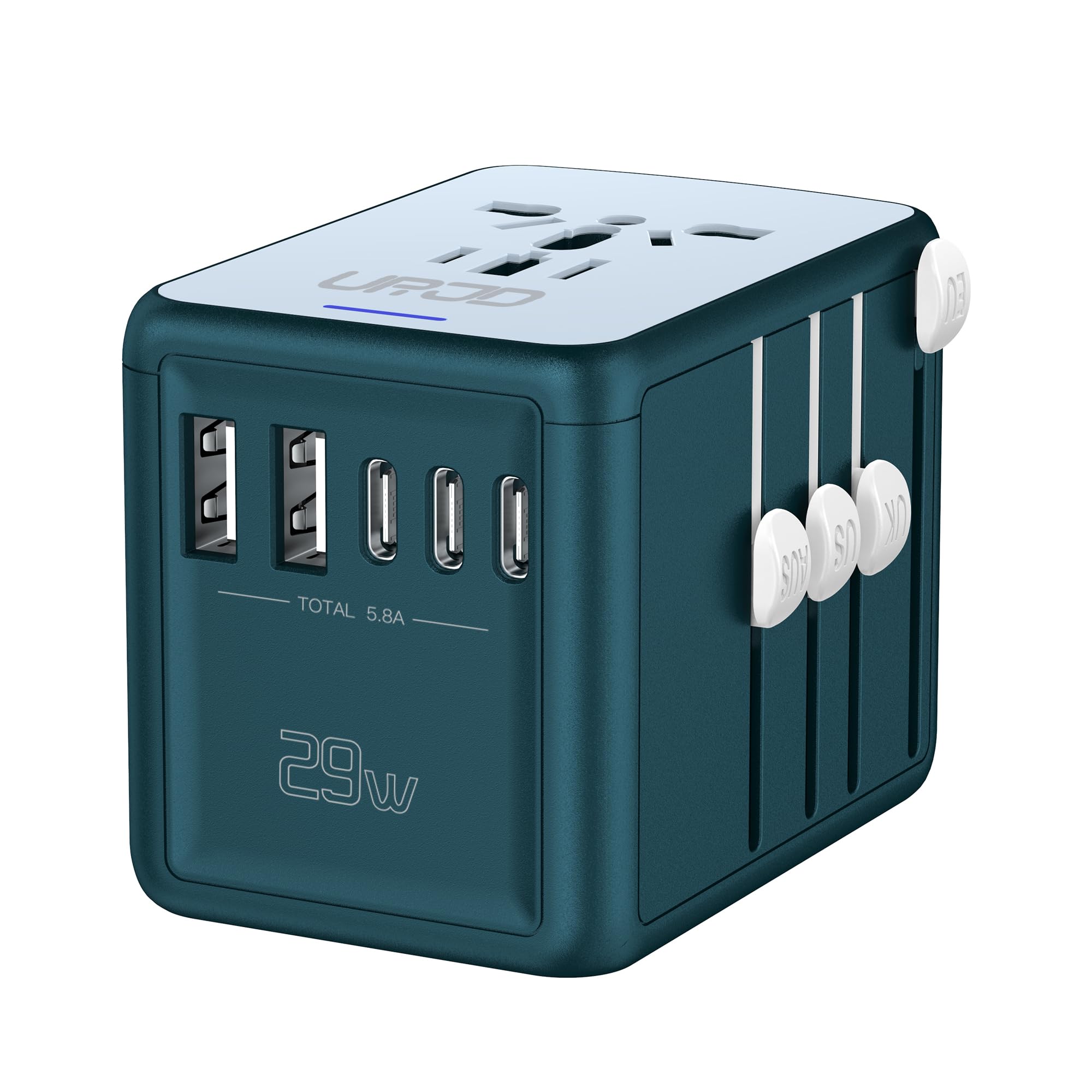 Universal Travel Adapter with 6.0A 3X 3.0A USB-C Ports, 2X 2.4A USB-A Ports & 2500W AC Outlets, International Power Plug Adapter Worldwide Travel Charger for EU UK AUS USA (Type C/G/I/A Plug)