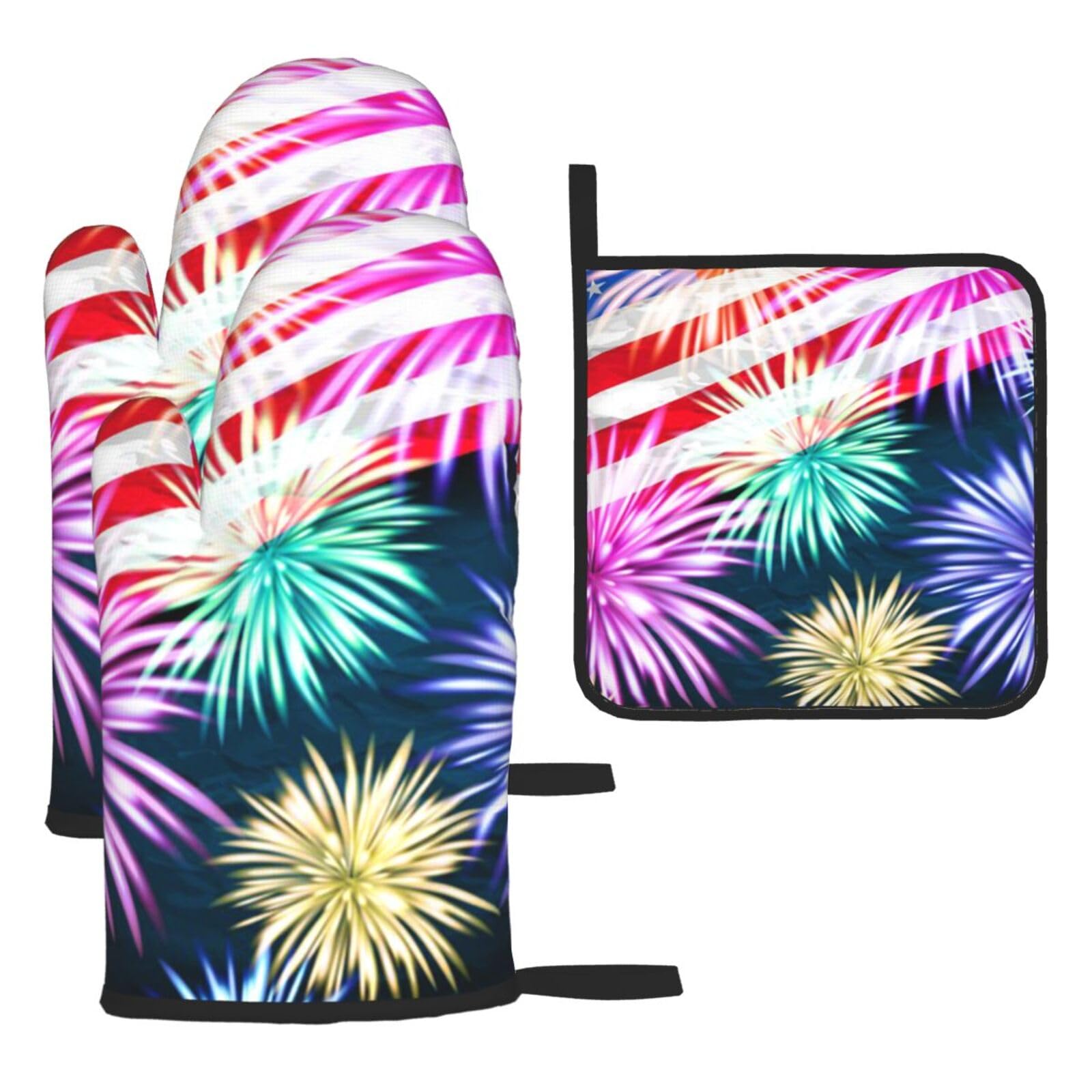 Patriotic 4th Of July American Flag Print Oven Set Kitchen Gloves Baking Grilling Microwaving Cooking Gift Everyday Holiday