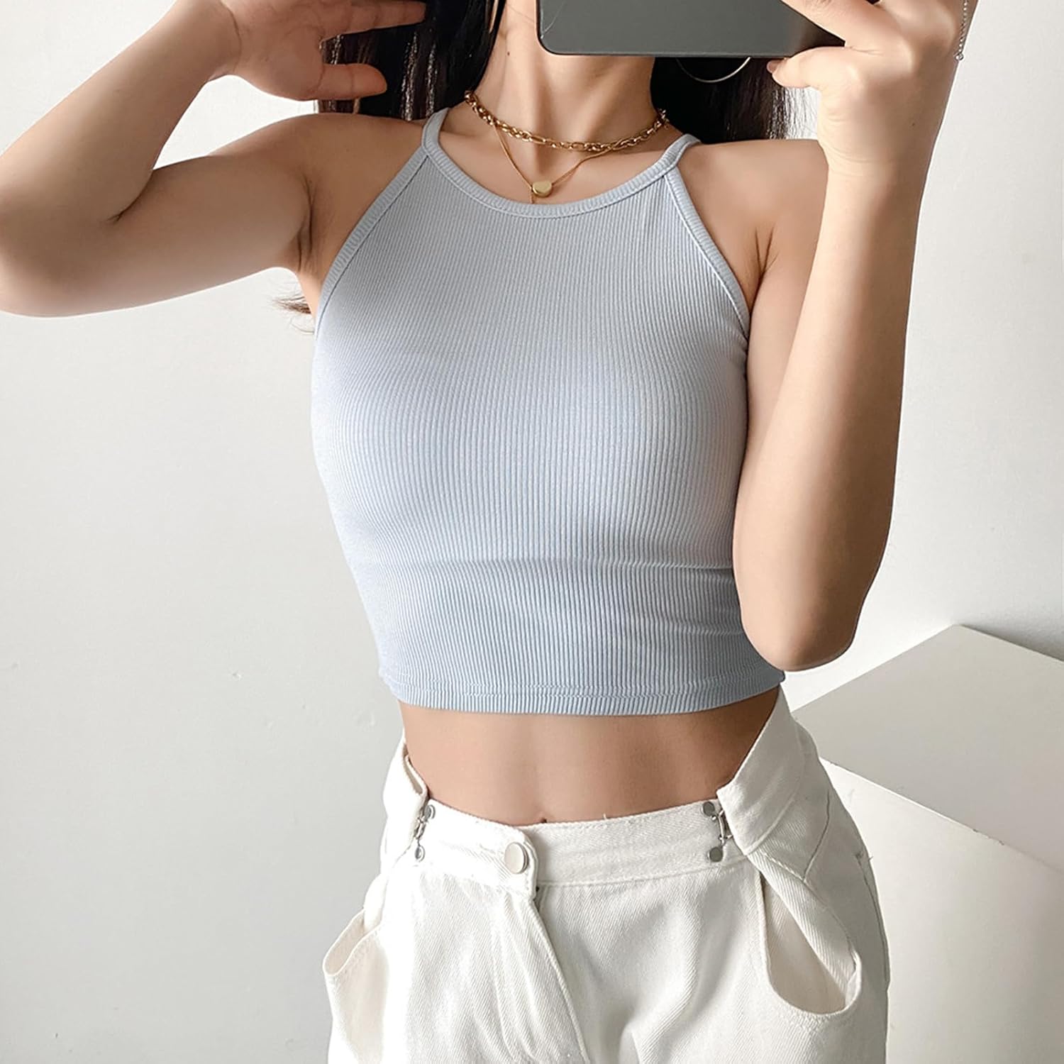 3-Pack Women’s Seamless Crop Top Ribbed Camisole No Padding Racerback Tank Tops - Image 3