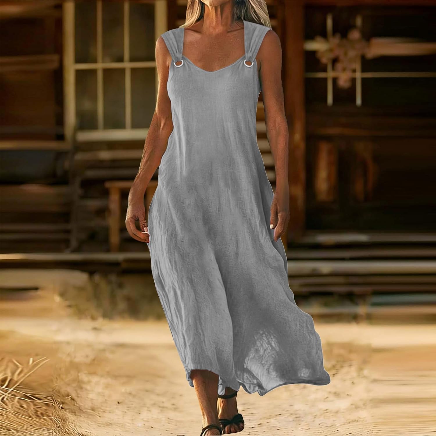 Summer Dresses for Women 2026 Linen Sleeveless Long Beach Sundress Square Neck Tank Maxi Dress Casual Flowy Sundress - Image 8