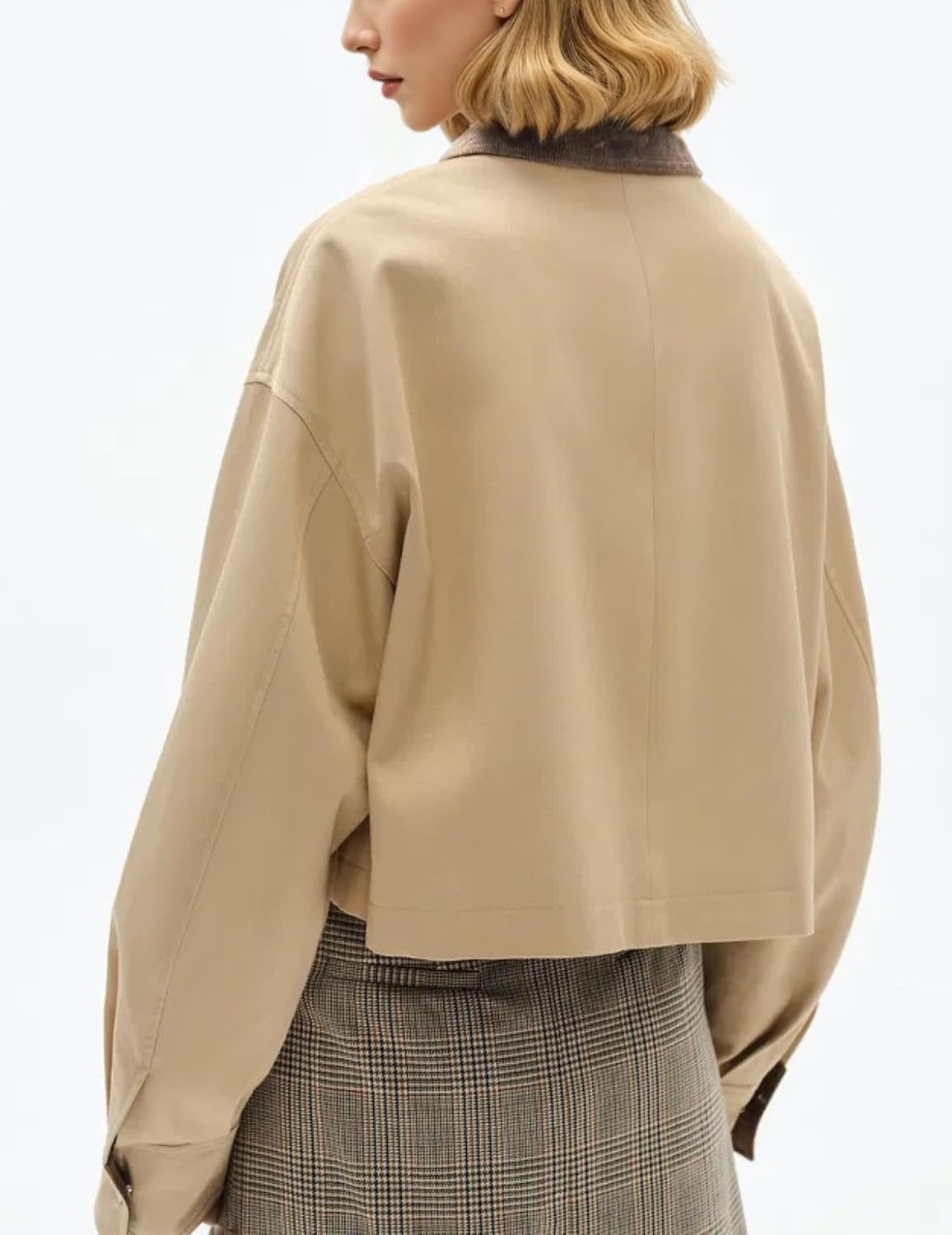 Womens Cropped Barn Jacket Contrast Collar Long Sleeve Button Utility Coat Casual Outwear with Pockets - Image 5