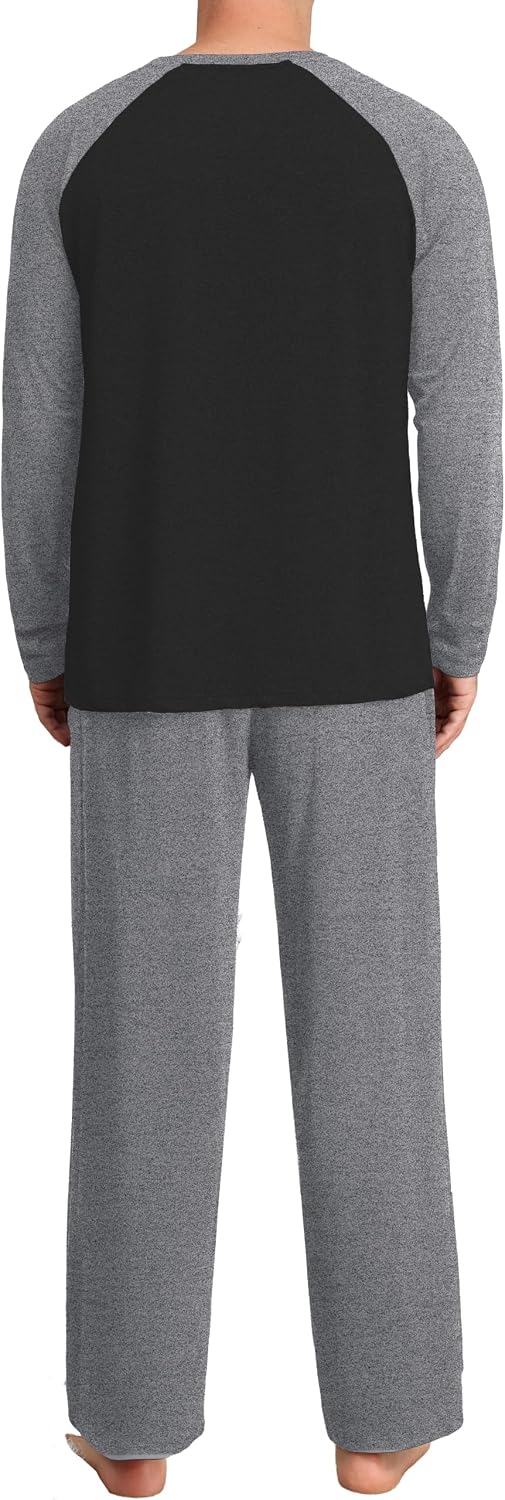 Mens Pajamas Set,Long Sleeve T Shirt Pjs Soft 2 Piece Loungewear With Pants