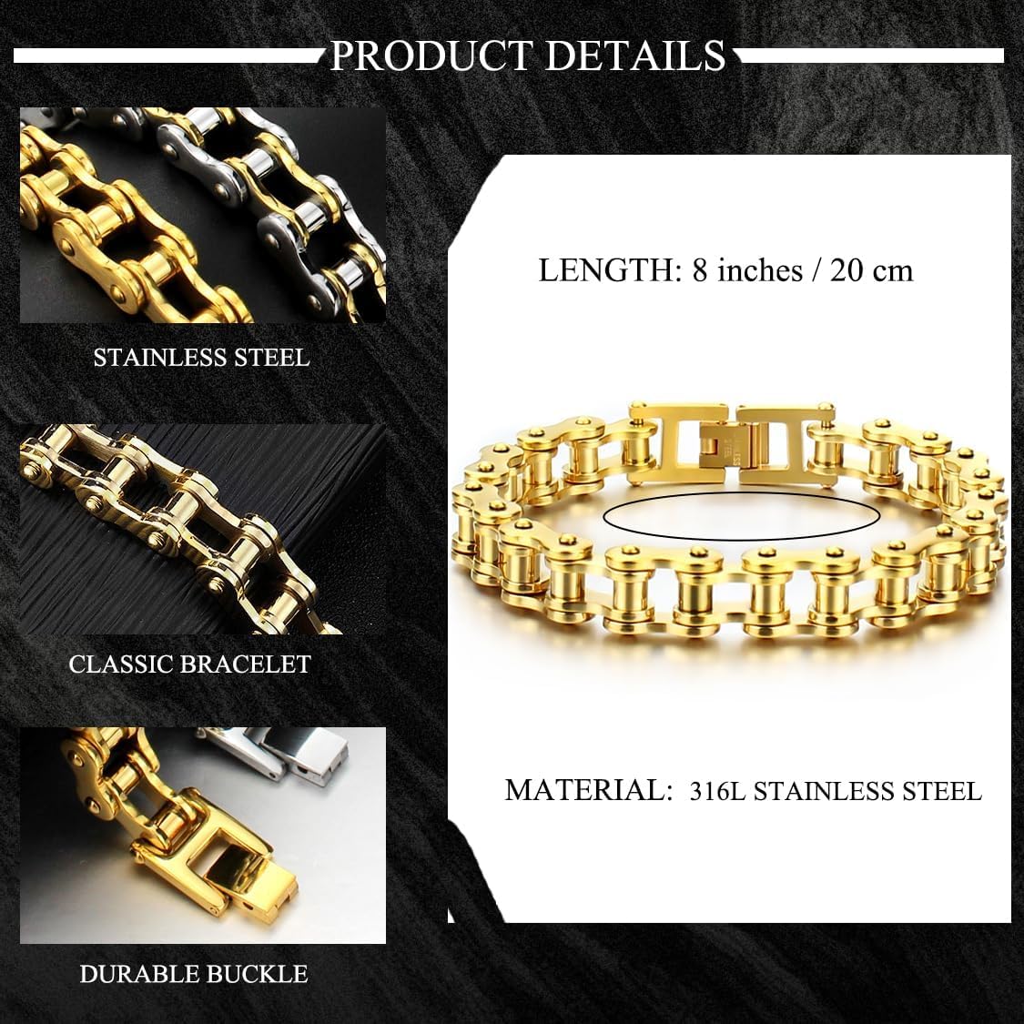 Men's Bracelet Stainless Steel Motorcycle Bike Chain Bracelet Polished 8 Inches - Image 5