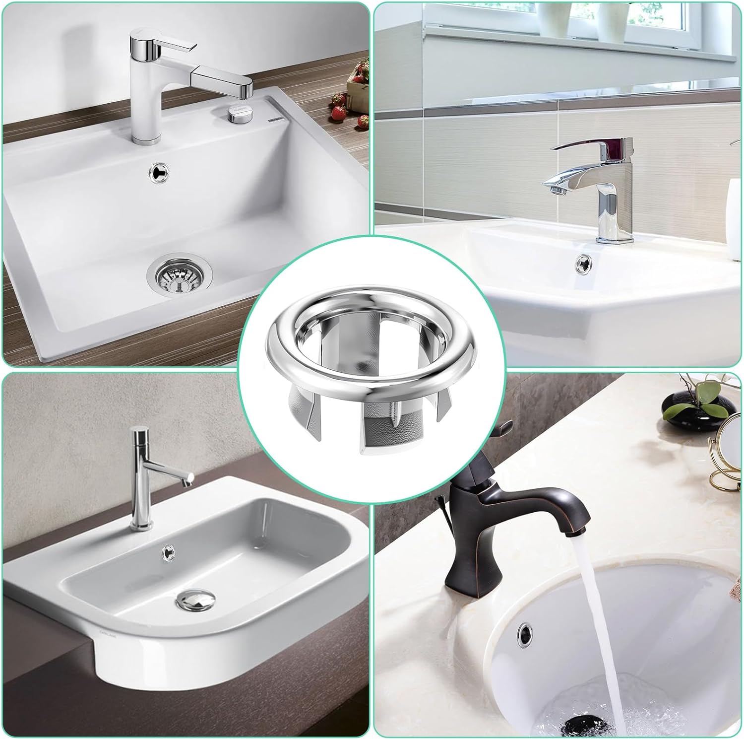 6Pcs Sink Overflow Ring, Bathroom Sink Overflow Trim Ring, Universal Fit Drain Cover, Silver Hole Insert Cap, for Basin Vanity and Ceramic Sinks