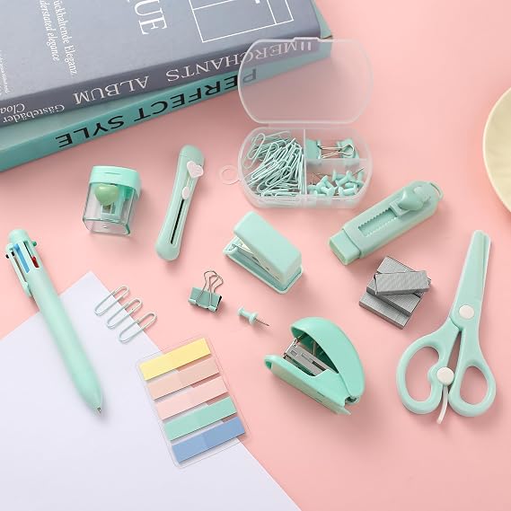 Green Mini Office Supply Kit Mini School Supplies Desk Accessory Set Includes Mini Stapler Pencil Sharpener Staple Remover Hole Punch Ballpoint Pen Scissor Box Cutter Paper Clips Sticky Index Tabs