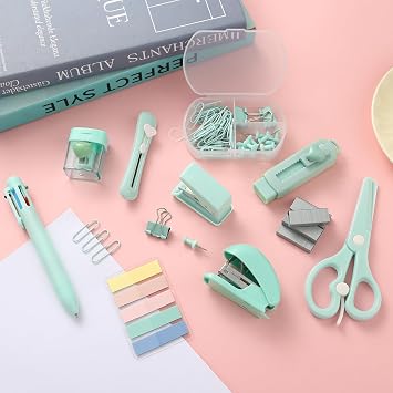 Green Mini Office Supply Kit Mini School Supplies Desk Accessory Set Includes Mini Stapler Pencil Sharpener Staple Remover Hole Punch Ballpoint Pen Scissor Box Cutter Paper Clips Sticky Index Tabs