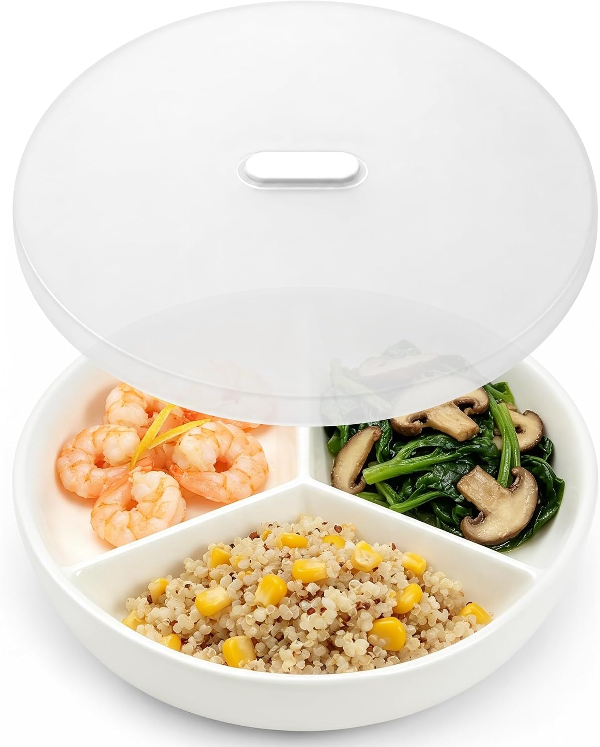 Linkidea 7.7-Inch Ceramic 3-Section Portion Plate with Lid, White