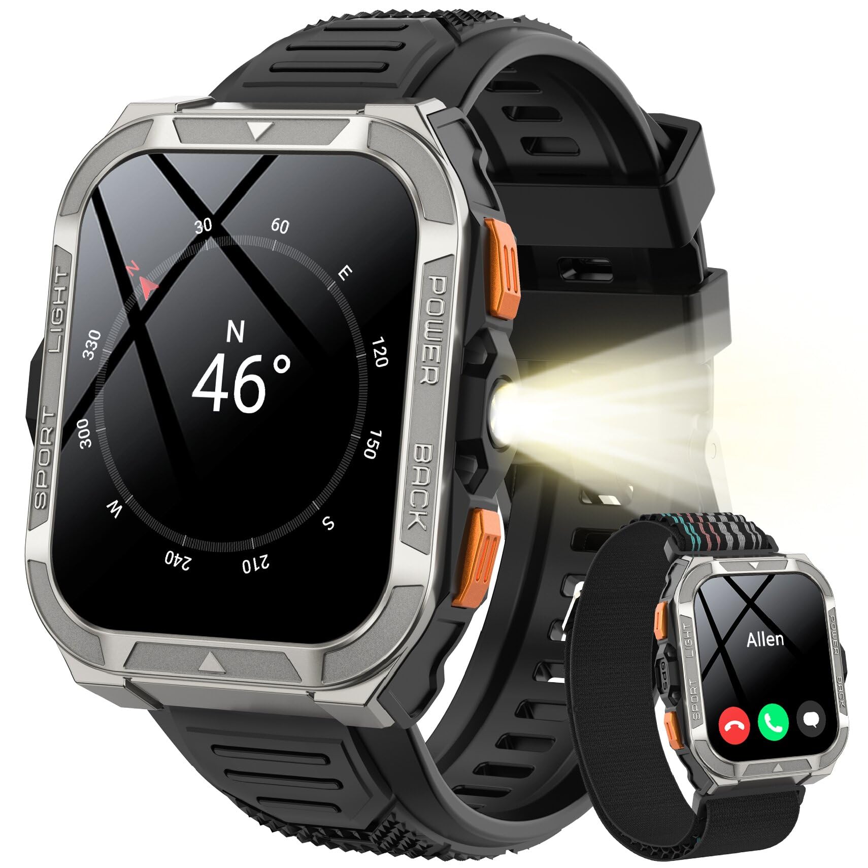 Blackview Reloj Inteligente Hombre Militar - GPS, Linterna, Brújula, AI, 1.91"Smartwatch Hombre con 100+ Modos Deportivos, Llamadas/Notificación, Pulsómetro/Oxímetro/Sueño, Pulsera Actividad (W80Pro)