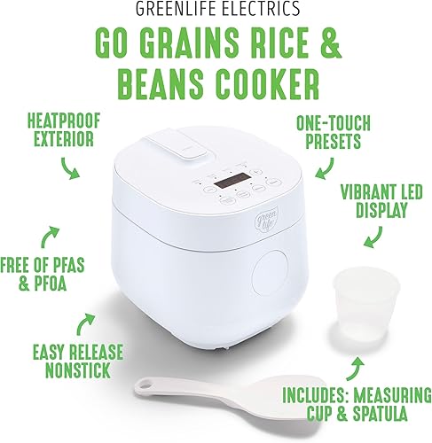 Miniatura 3 de GreenLife Olla digital de arroz y frijoles, 2 tazas sin cocinar4 tazas cocidas, olla de cerámica antiadherente extraíble sin PFAS, preajustes de un