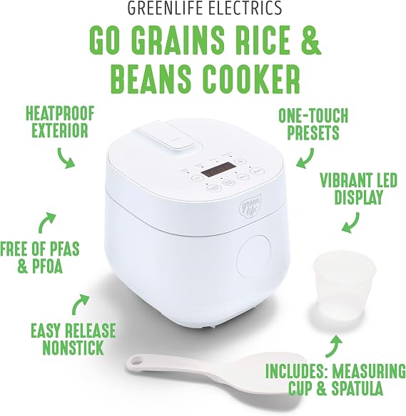 طباخ الأرز والفاصوليا الرقمي GreenLife، 2 كوب غير مطبوخ/4 أكواب مطبوخة، وعاء سيراميك غير لاصق قابل للإزالة خالٍ من PFAS، إعدادات مسبقة بلمسة واحدة، شوفان، كينوا، أرز بني، الحفاظ التلقائي على الدفء، تقنية المنطق الغامض، 1.5 كيو تي، أبيض