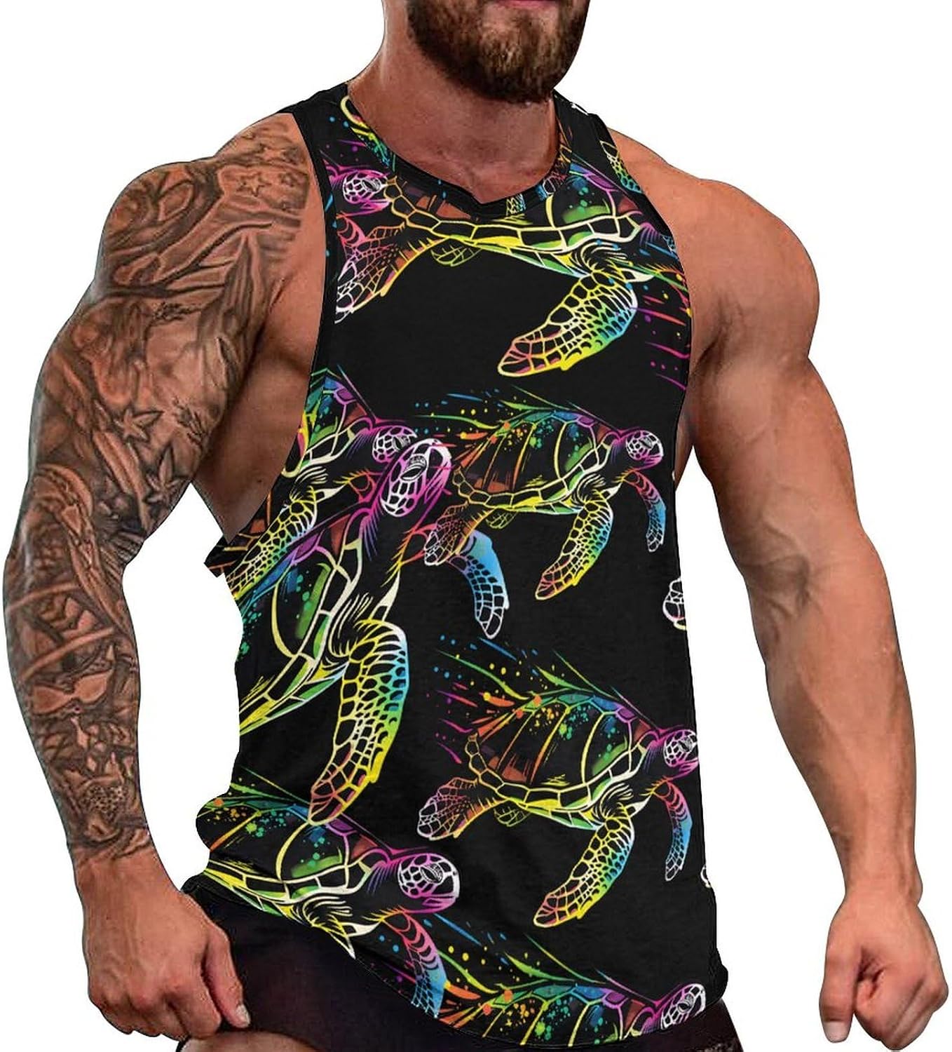 Rainbow Sea Turtle Neon Mens Tank Tops Sleeveless Muscle Shirts Beach Casual Gym Shirt Vest Tee Tops