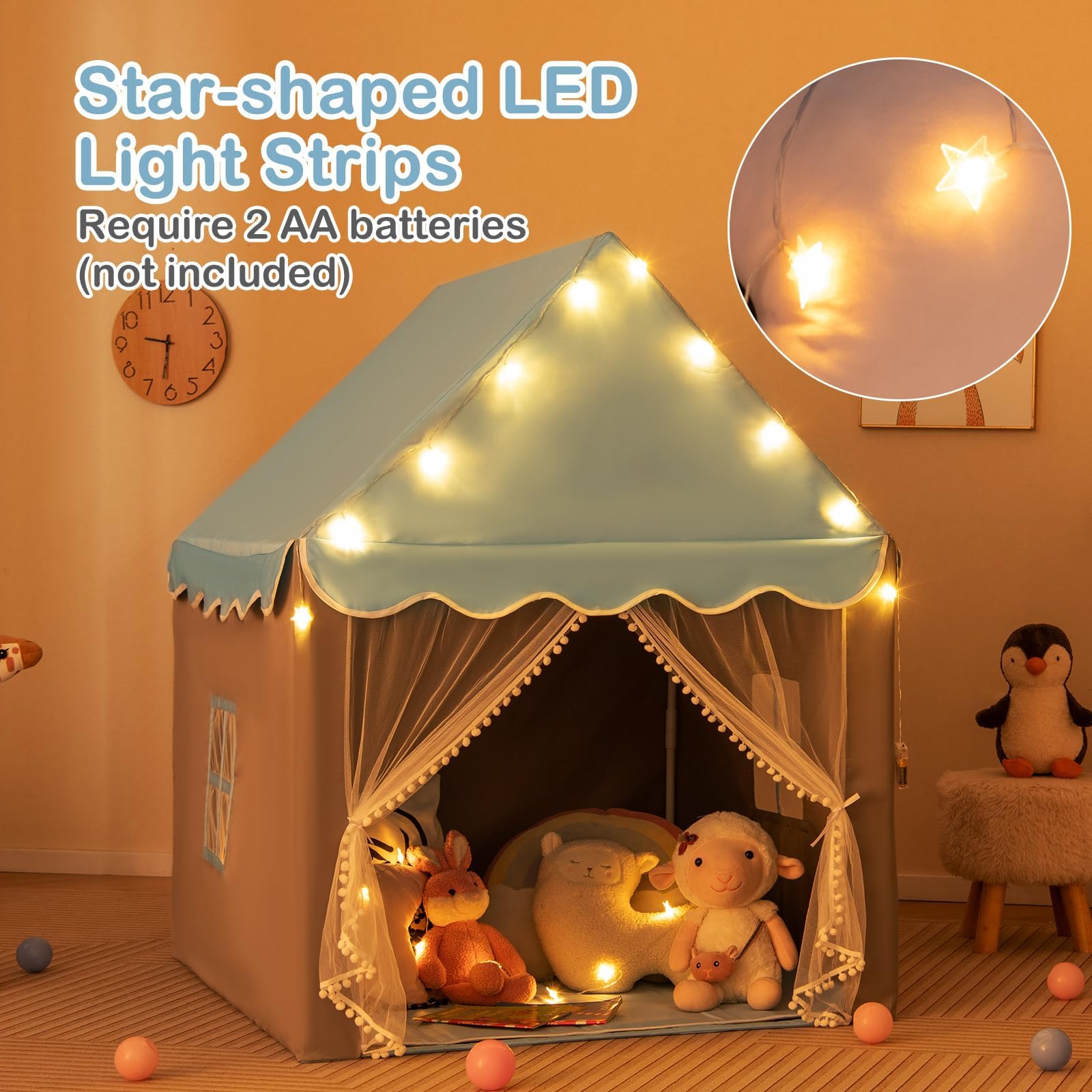 HOMASIS Tenda da Giochi per Bambini, Casetta per Bambini Interna con Tappeto Lavabile e Luci a Forma di Stella, Casa Giochi con Porta e Finestre, 105 x 121 x 136 cm (Blu)