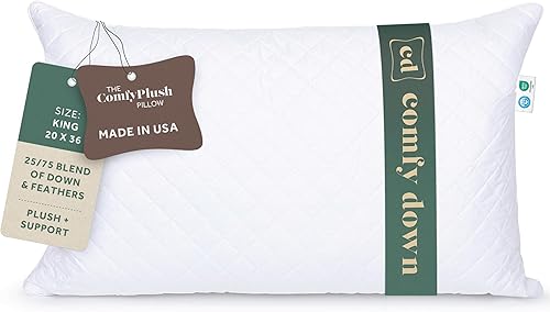 ComfyDown Almohada de cama de felpa con apoyo de plumas y plumón prémium para dormir, funda de algodón acolchada de lujo, fabricada en Estados