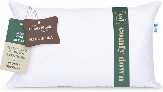 ComfyDown Premium Feather and Down ComfyPlush Supportive Bed Pillow for Sleeping, Luxury Diamond Quilted Cotton Cover, Made in USA, Medium Firm King = 20x36
