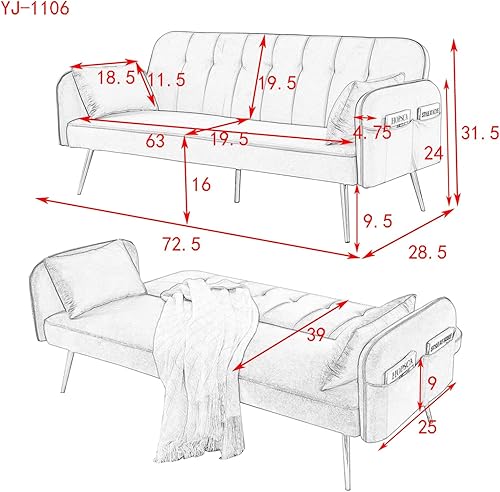 Miniatura 2 de HMFULE Sofá cama convertible de 72.5 pulgadas, moderno sofá futón ajustable tapizado, sofá cama plegable de terciopelo con dos almohadas para un