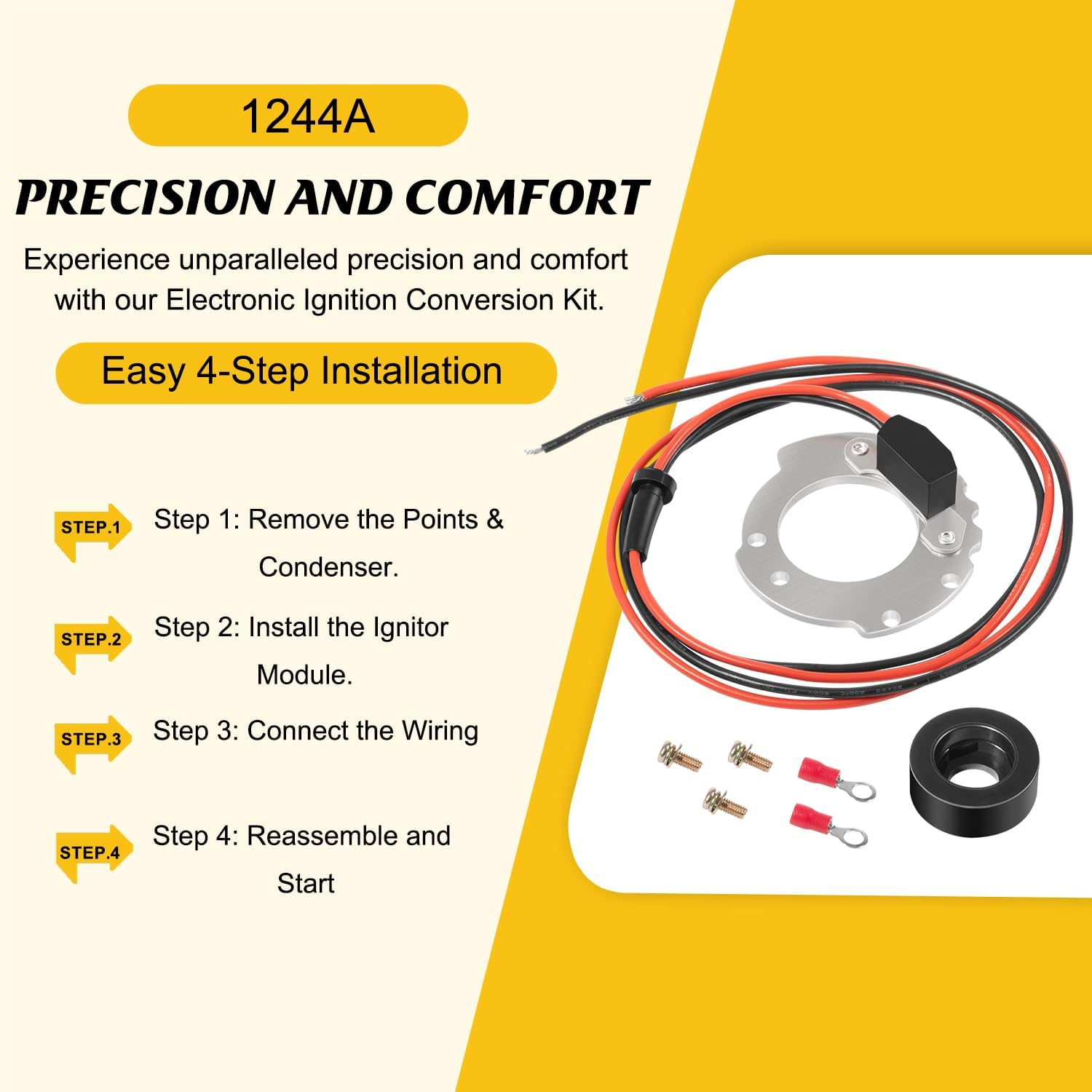 1244A Electronic Ignition Conversion Kit Replacement for Ford 4-Cylinder Tractors for Jubilee 500 600 700 800 Series, 12V Negative Ground, Side Mount Distributor, Points to Electronic Ignitor