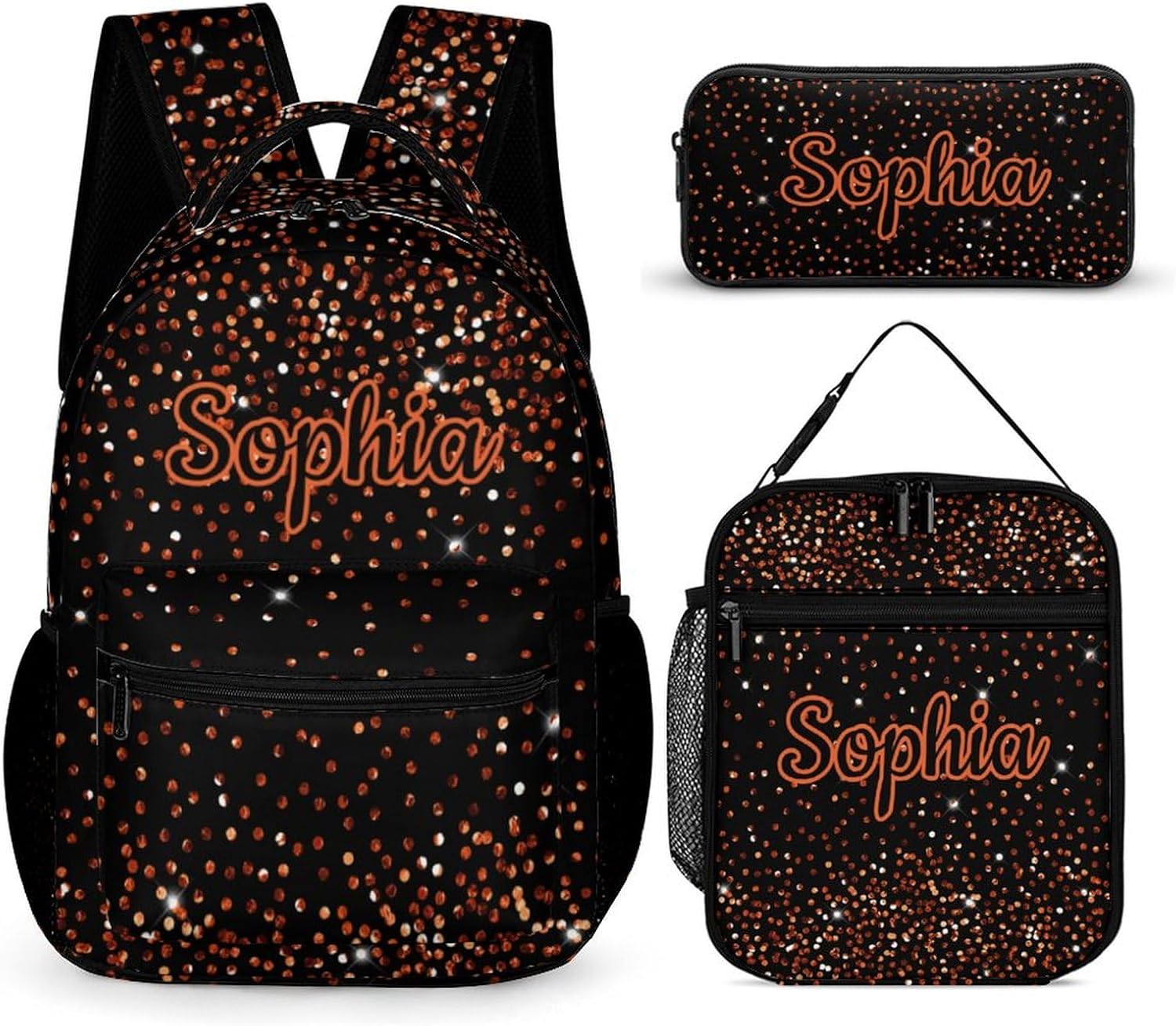 Glitter Sparkle Orange Print School Backpack Set Girls Womens Laptop Bookbag Casual Daypack Laptop with Lunch Tote Bag and Pencil Bag