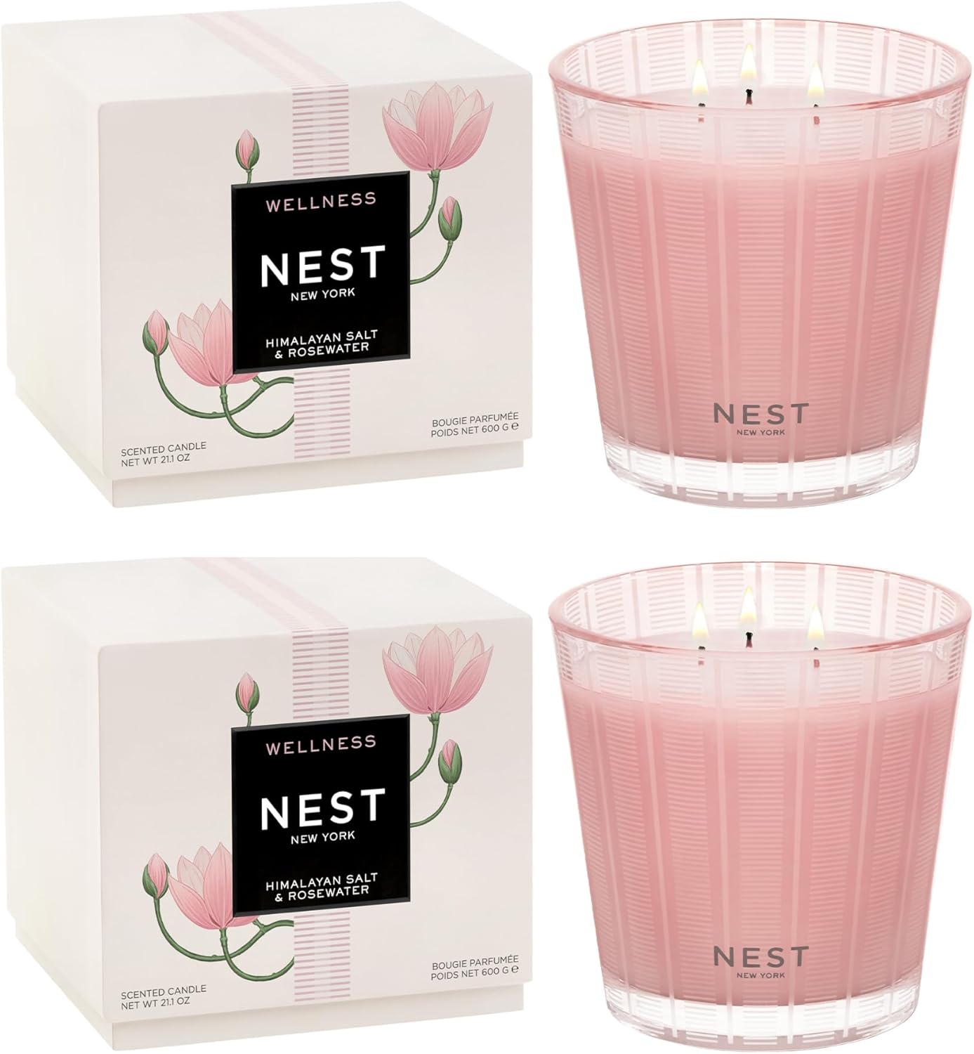 NEST New York Scented 3-Wick Candle, Himalayan Salt & Rosewater - 21.2 oz, Pack of 2 - Up to 100-Hour Burn Time - Reusable Glass Vessel