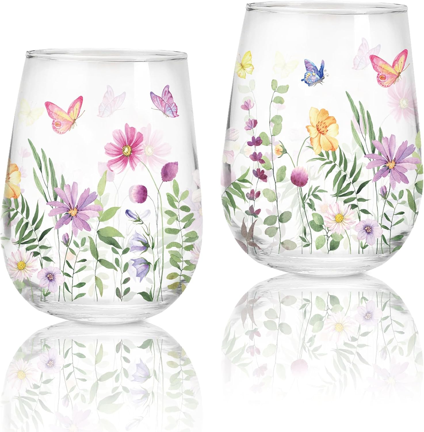 Whaline 2 Pcs Spring Stemless Wine Glasses 17 Oz Watercolor Floral Butterfly Drinking Glasses Wild Flower Tumbler Cups for Party Supplies Gifts