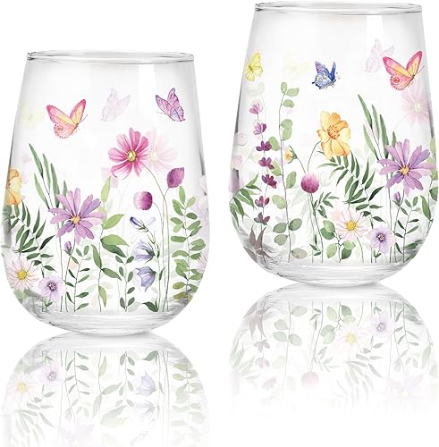 Whaline 2 copas de vino sin tallo de primavera, 17 onzas, acuarela, flores, mariposas, vasos de flores silvestres, vasos para suministros de fiesta,