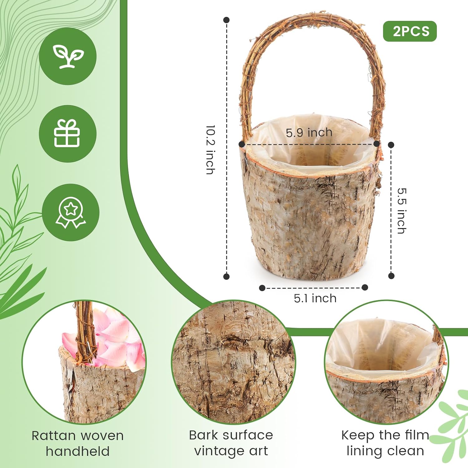 LemonRoad 2 Pcs Flower Girl Basket Retro Wooden Bark Style Small Baskets with Handles for Wedding Floral Decoration Wedding Flowers Candy Storage and Home Decoration (Large)